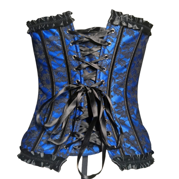 * NEW-* Blue and Black Satin and Lace Corset Set Size XL - Picture 4 of 16